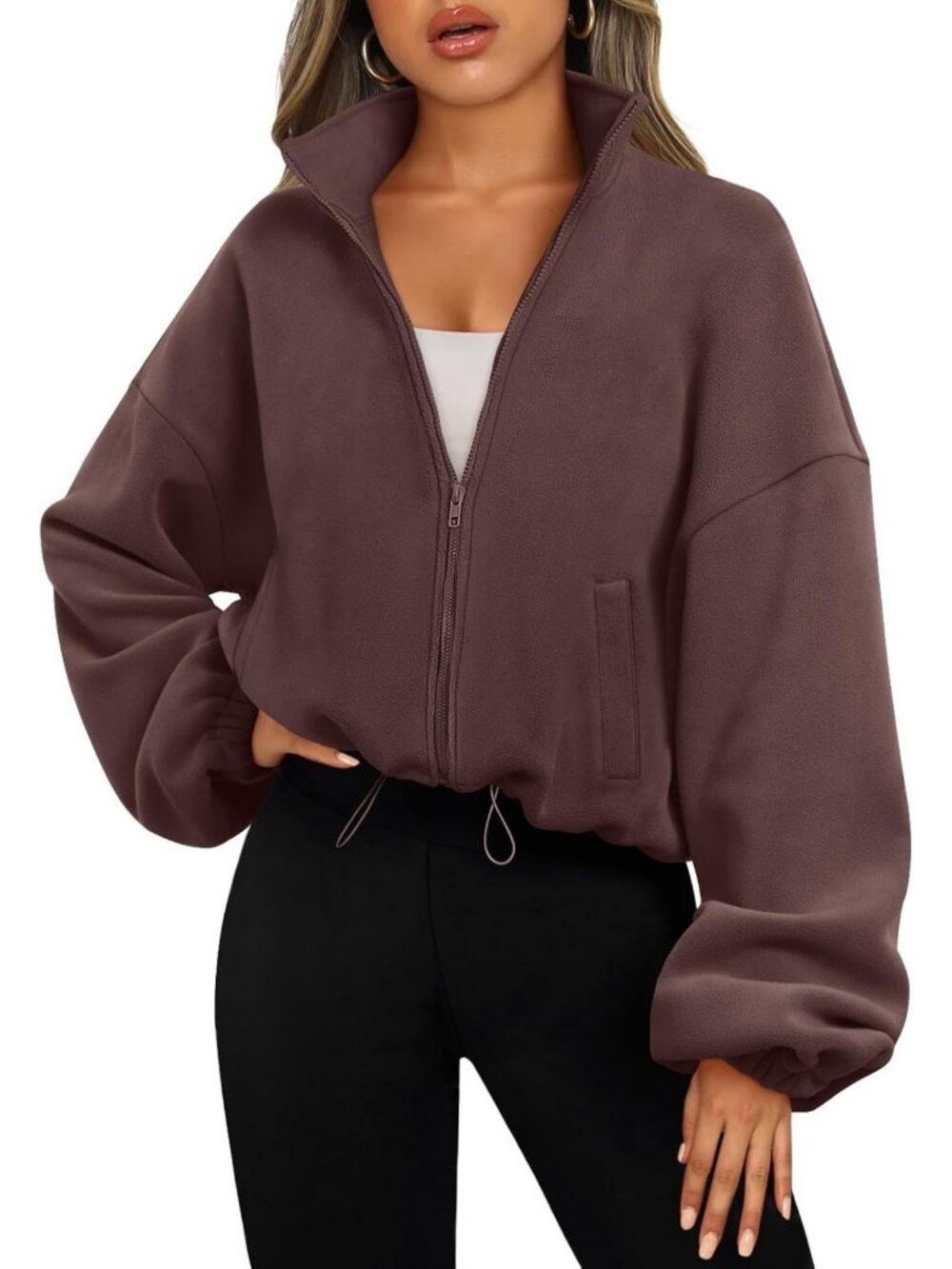 Cozy Oversized Cropped Fleece Jacket for Women - Zip Up Sweatshirt, Warm Layer